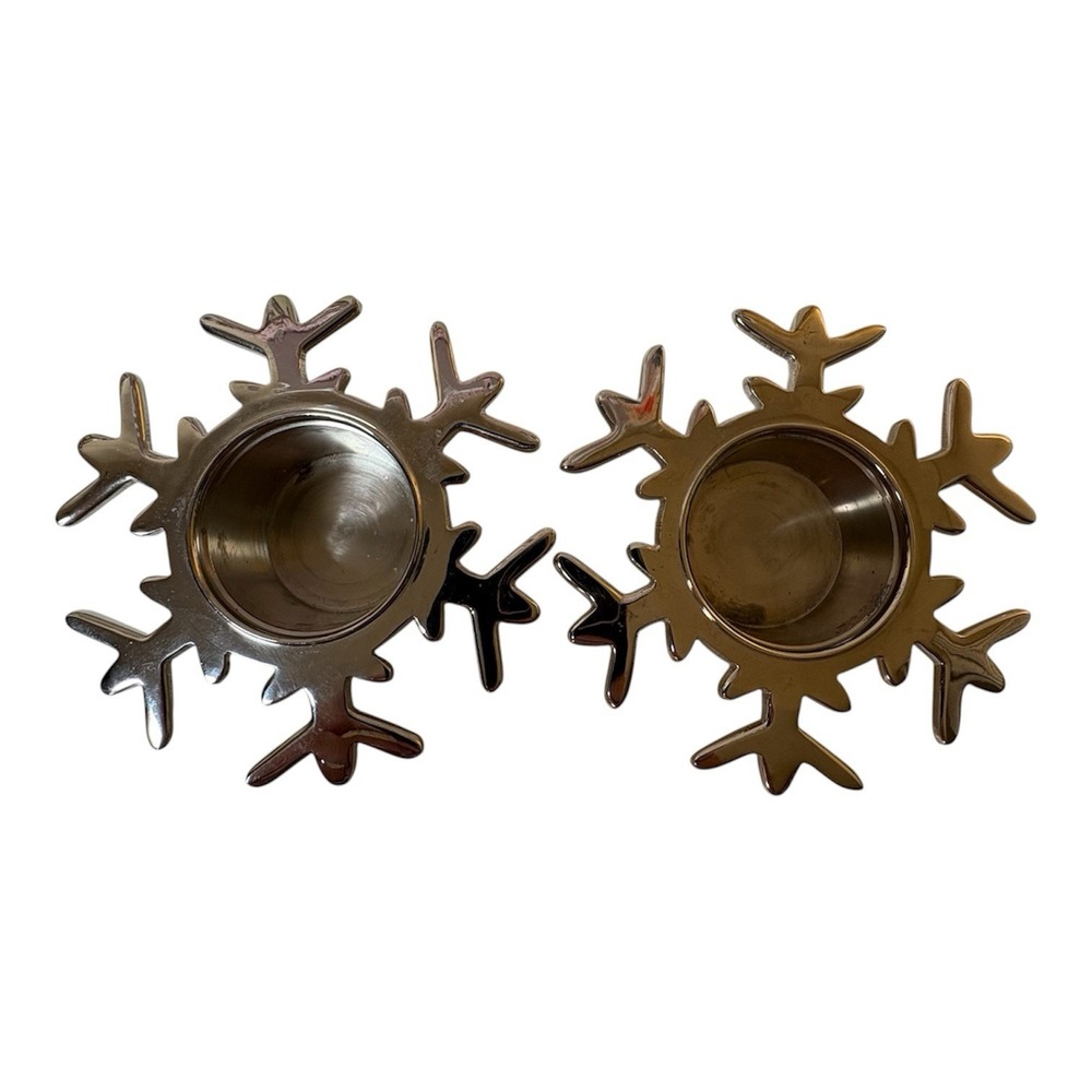 Crate & Barrel Snowflake Votive Candle Holders Chrome Silver Set of 2